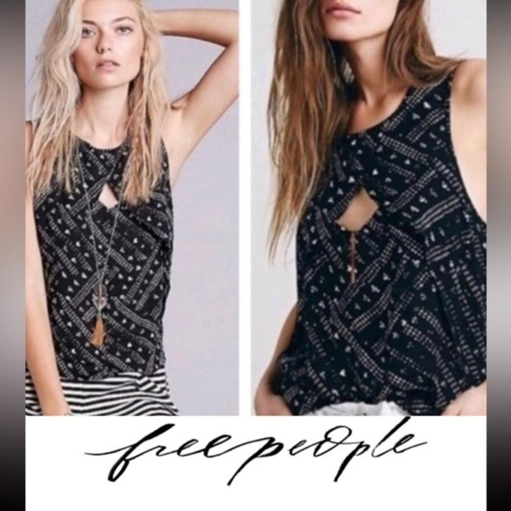 Free People Crinkle Look Through Tank Blouse black tulip abstract